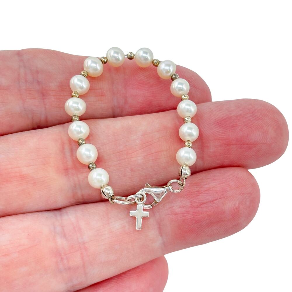 Vintage Sterling Silver 925 Pearl Baby Christening Bracelet 4"